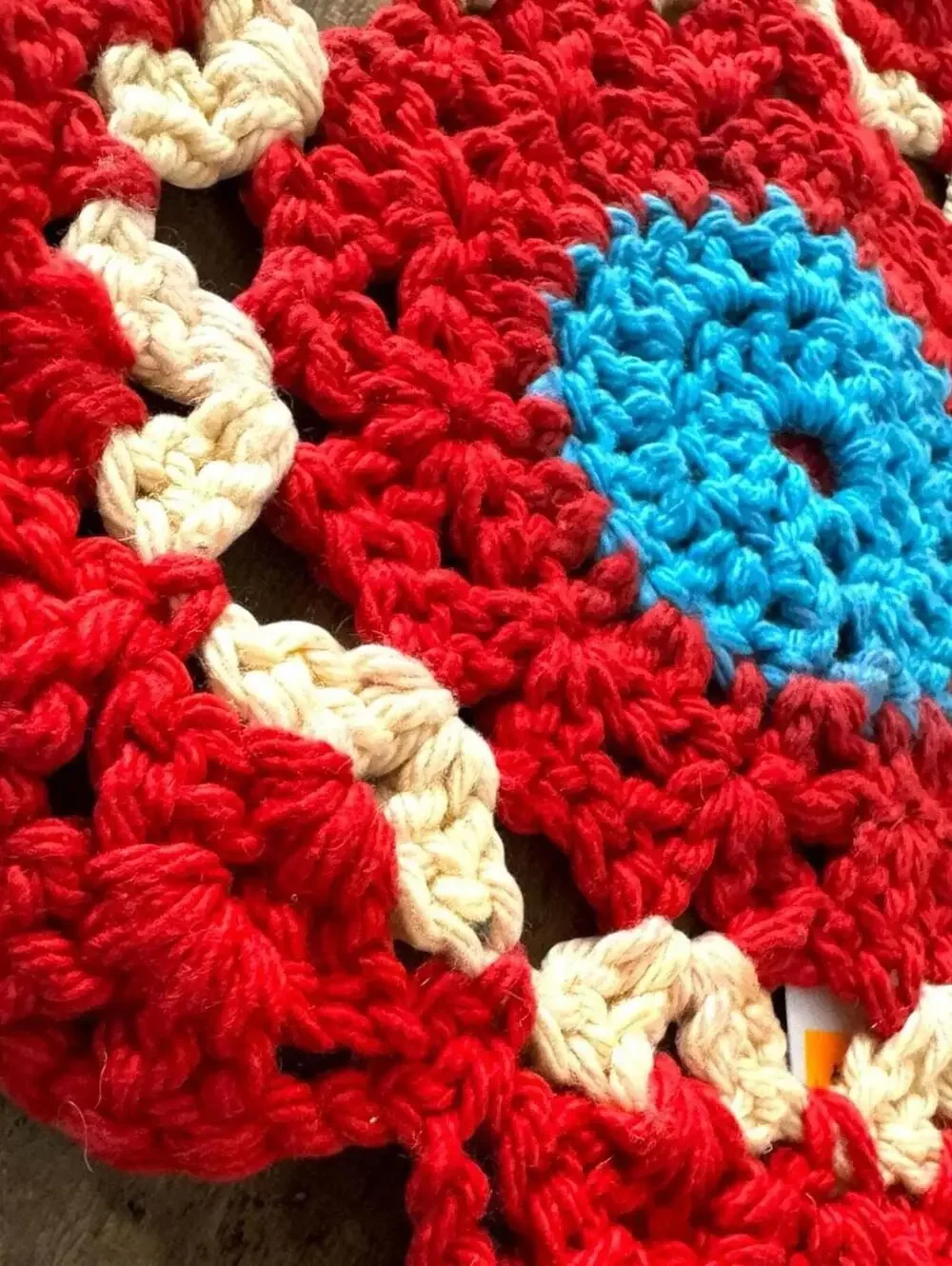 Boho Crochet Doily, Red Cream Turquoise, 10 Inch Table Decor, Retro 1970s Style